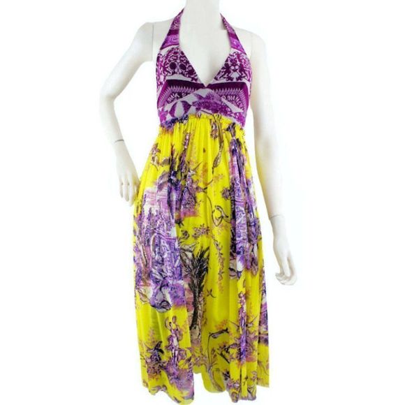 1990's JEAN PAUL GAULTIER Mythical Print Yellow and Purple Vintage Halter Dress - Picture 11 of 11